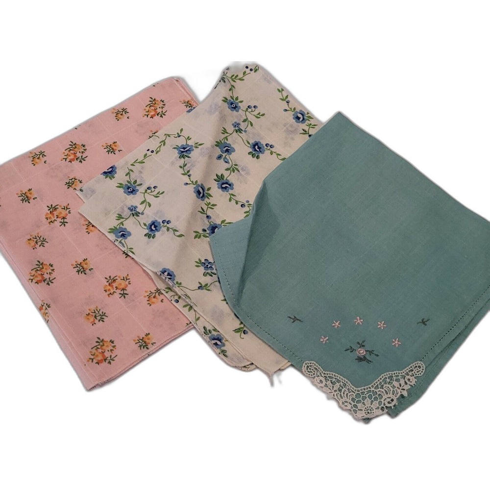 Vintage Handkerchief Set Women Floral Lace Embroidered 3pc Cotton